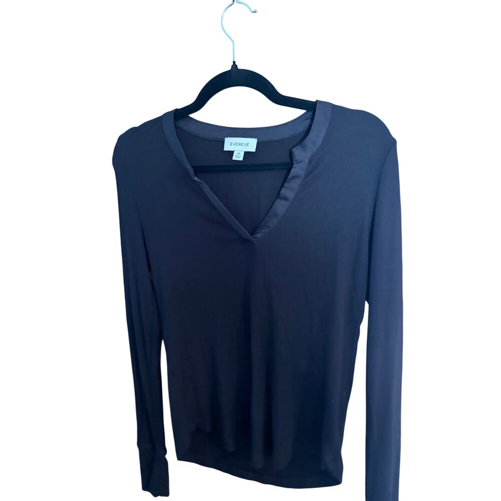 Evereve Black ribbed Modal Long Sleeve Top XS Split Neck Stretch Knit Essential